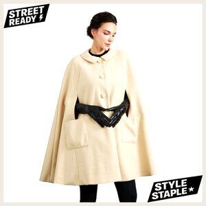 Wool Blend Cape Coat with Pockets, Single-Breasted Pea Coat for Fall Winter